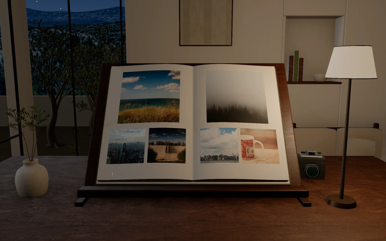 An open photo album under a warm reading lamp with a night view beyond the window