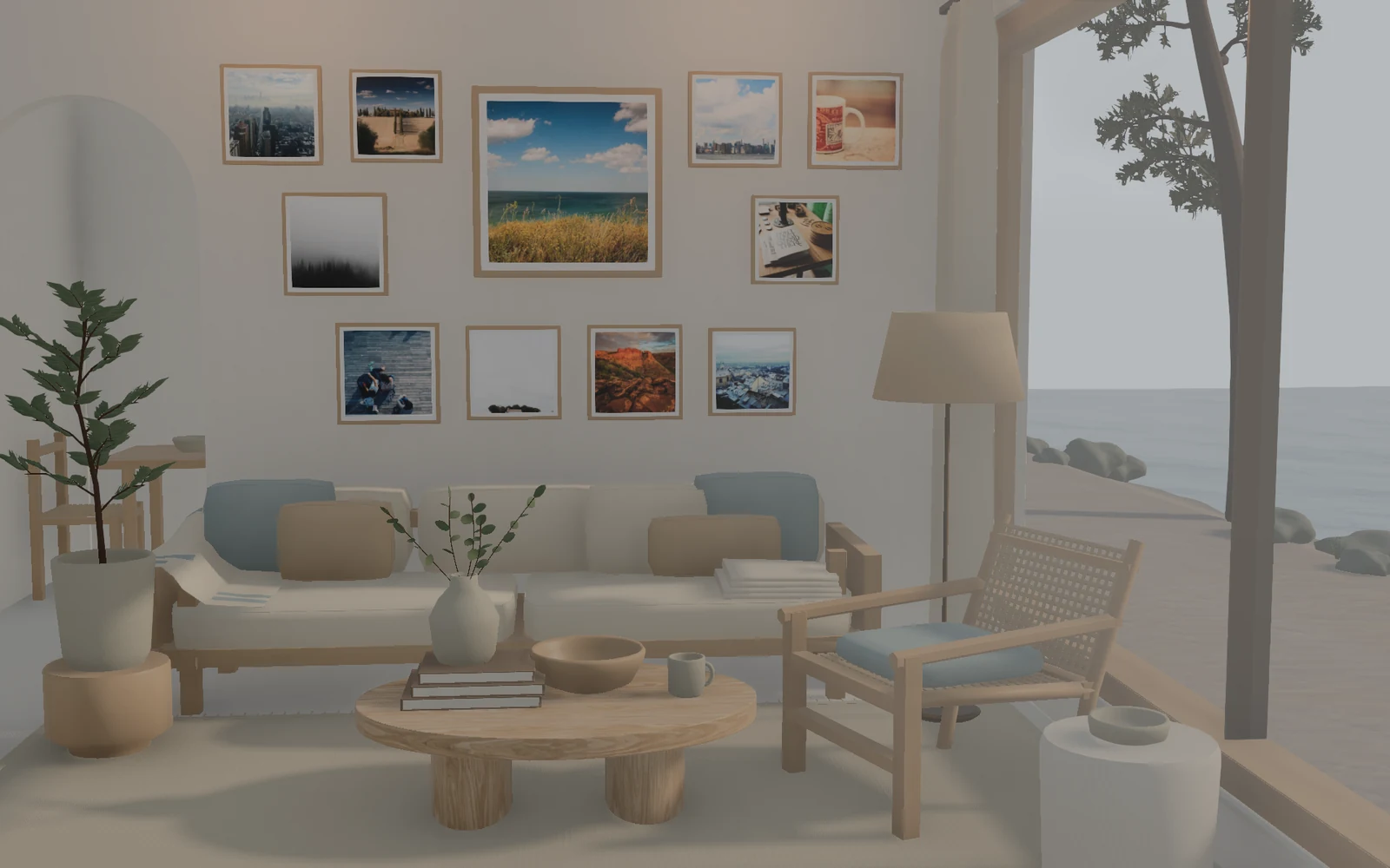 Travel photographs on the wall of a sunlit living room overlooking the sea